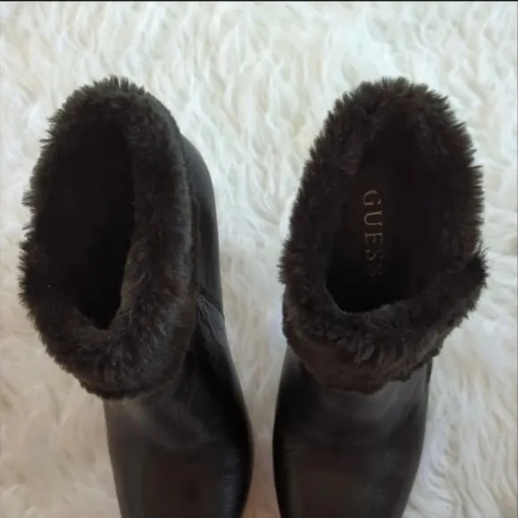 Guess Genuine Leather Black Fur Trim Platform Lug Heel Booties
