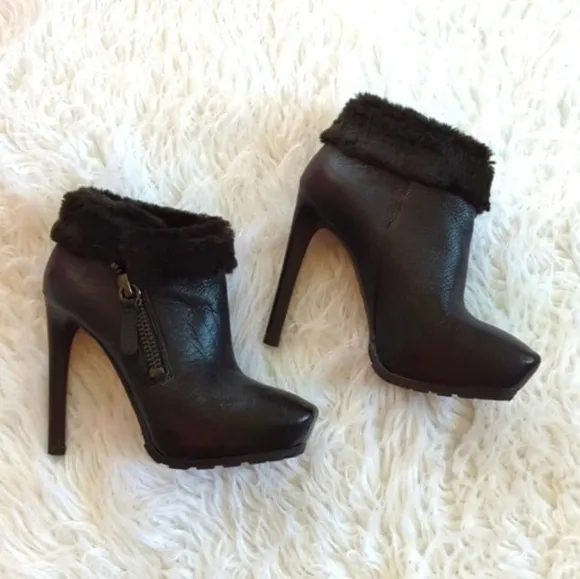 Guess Genuine Leather Black Fur Trim Platform Lug Heel Booties
