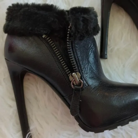 Guess Genuine Leather Black Fur Trim Platform Lug Heel Booties