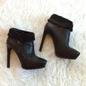 Guess Genuine Leather Black Fur Trim Platform Lug Heel Booties