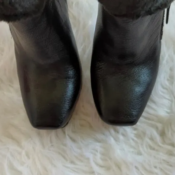 Guess Genuine Leather Black Fur Trim Platform Lug Heel Booties