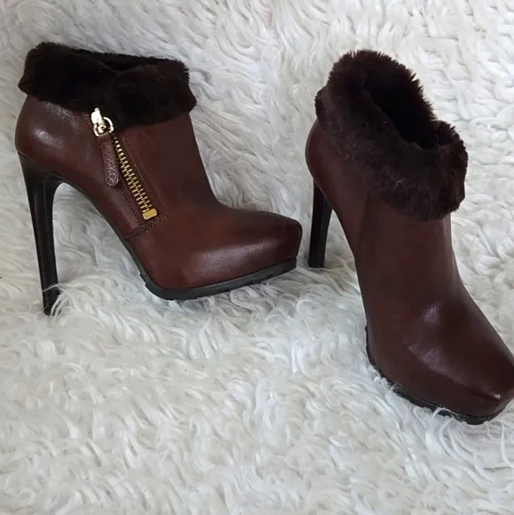 Guess Genuine Leather Black Fur Trim Platform Lug Heel Booties