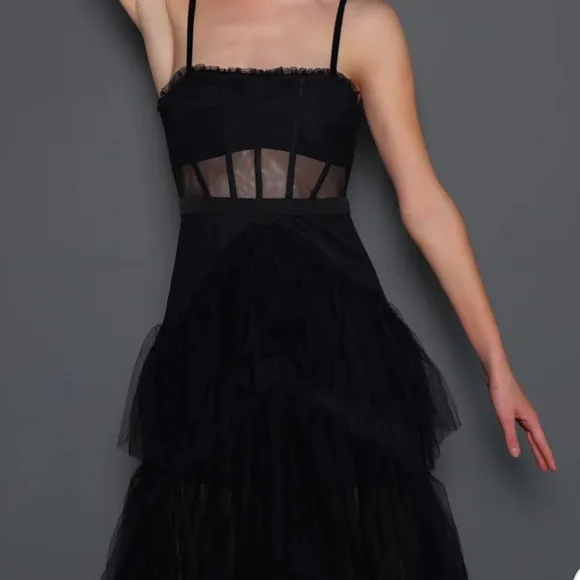 Guilty of Glam Black Sheer Panel Corset Tulle Maxi Dress Size XS