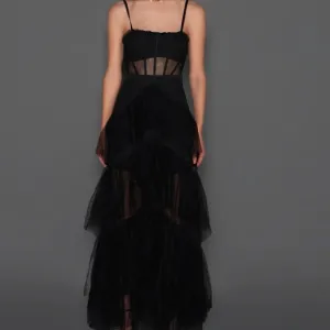 Guilty of Glam Black Sheer Panel Corset Tulle Maxi Dress Size XS
