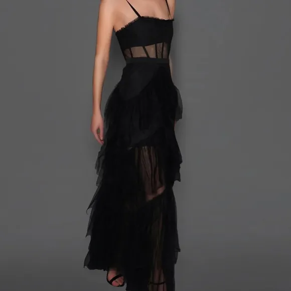 Guilty of Glam Black Sheer Panel Corset Tulle Maxi Dress Size XS