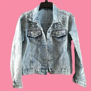 Handcrafted Beaded Pearl Jean Jacket Medium Over The Shoulder Long Sleeve Denim