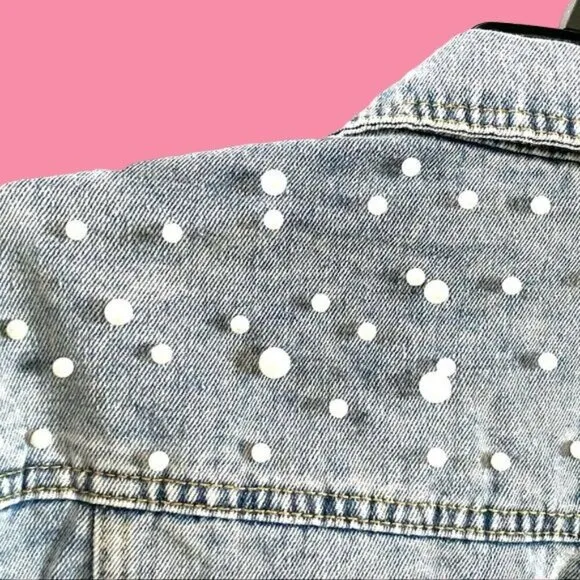 Handcrafted Beaded Pearl Jean Jacket Medium Over The Shoulder Long Sleeve Denim