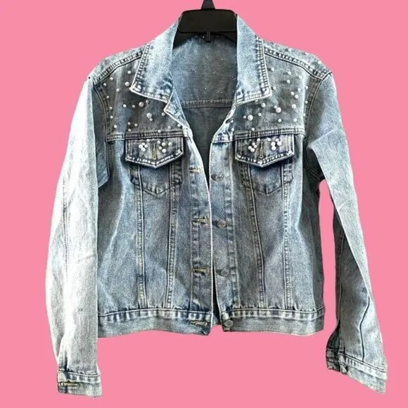 Handcrafted Beaded Pearl Jean Jacket Medium Over The Shoulder Long Sleeve Denim