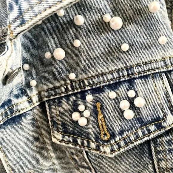 Handcrafted Beaded Pearl Jean Jacket Medium Over The Shoulder Long Sleeve Denim