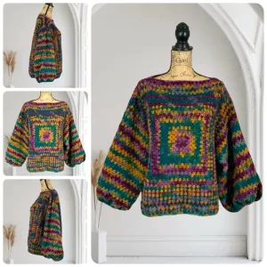 Handmade Lakeside Lodge Crochet Boho Sweater New Mohair Bubble Sleeve Pullover