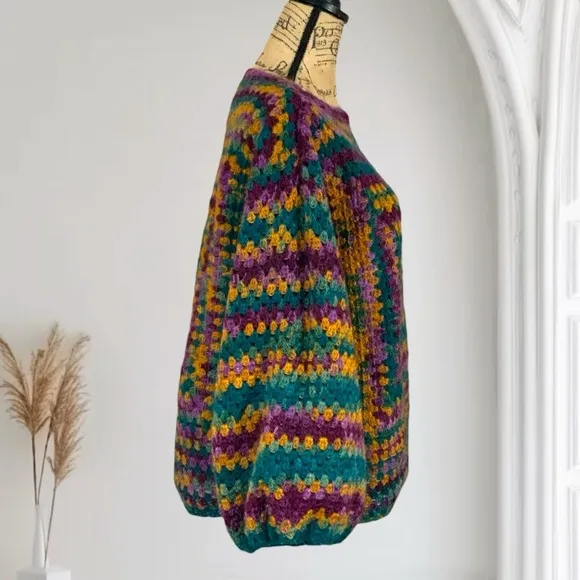 Handmade Lakeside Lodge Crochet Boho Sweater New Mohair Bubble Sleeve Pullover