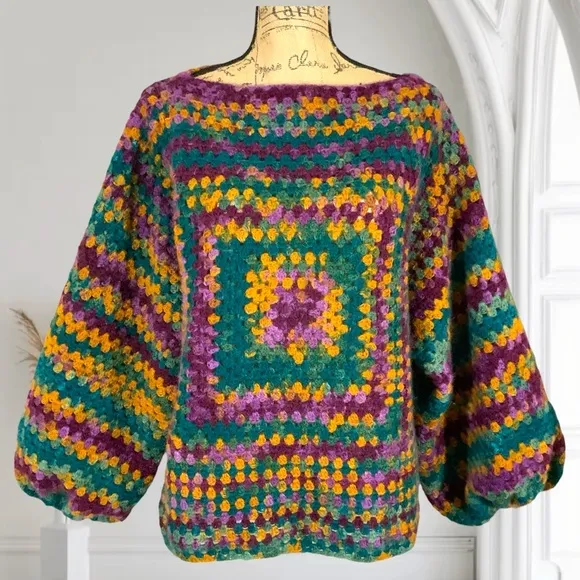 Handmade Lakeside Lodge Crochet Boho Sweater New Mohair Bubble Sleeve Pullover