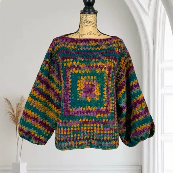 Handmade Lakeside Lodge Crochet Boho Sweater New Mohair Bubble Sleeve Pullover