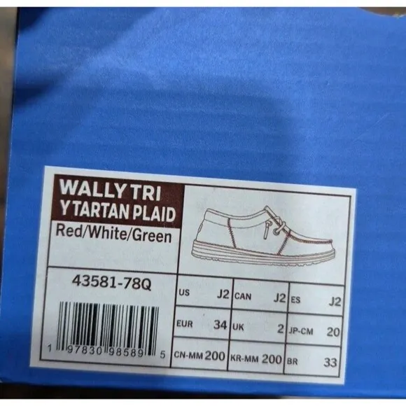 Hey Dude Wally Kids Size 2 Tri Tartan  Plaid Slip-on Shoes!(j2)new