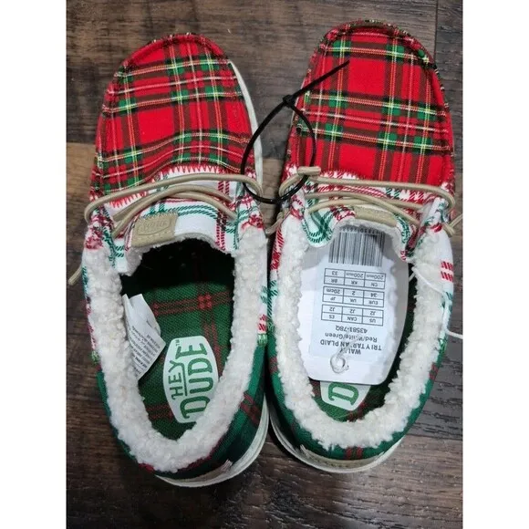 Hey Dude Wally Kids Size 2 Tri Tartan  Plaid Slip-on Shoes!(j2)new