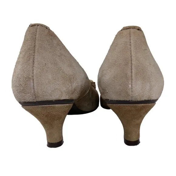 Hispanitas Pumps Taupe Suede Slip On Shoes Kitten Heel Leather Flower EU 38 #263
