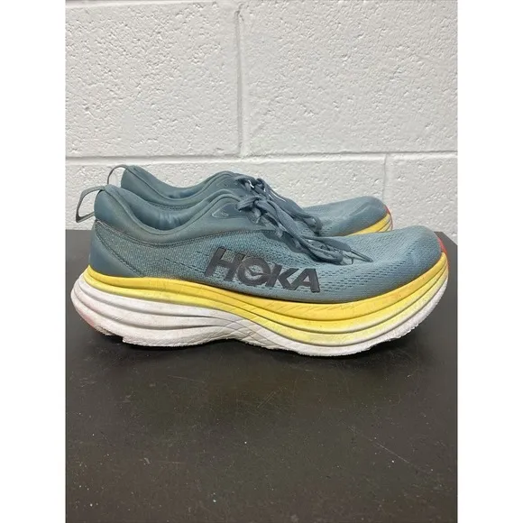 Hoka One One Bondi 8 Shoes Men's 12 D Blue Athletic Running‎ Sneakers Yellow