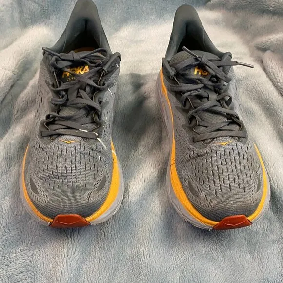 Hoka One One Clifton 8 Running Shoes Gray &amp; Yellow Mens 10.5 D Medium Lightweigh