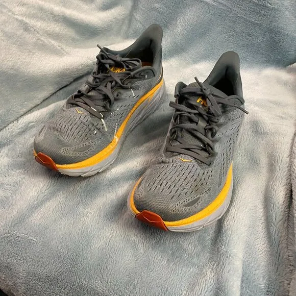 Hoka One One Clifton 8 Running Shoes Gray &amp; Yellow Mens 10.5 D Medium Lightweigh