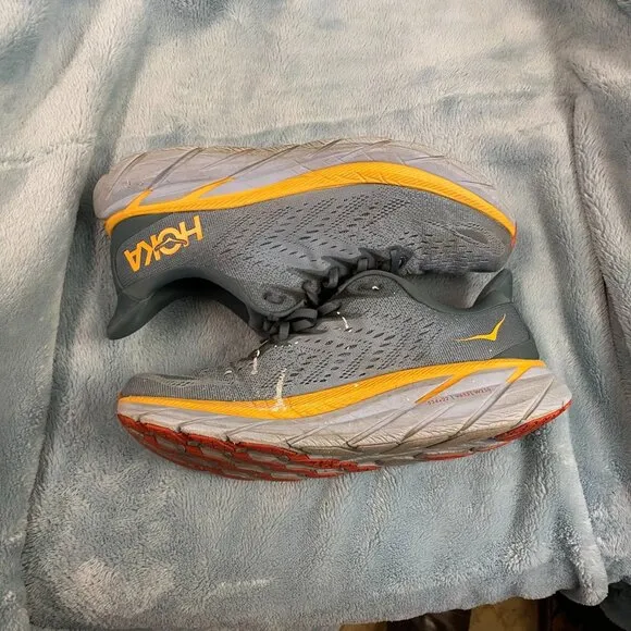 Hoka One One Clifton 8 Running Shoes Gray &amp; Yellow Mens 10.5 D Medium Lightweigh