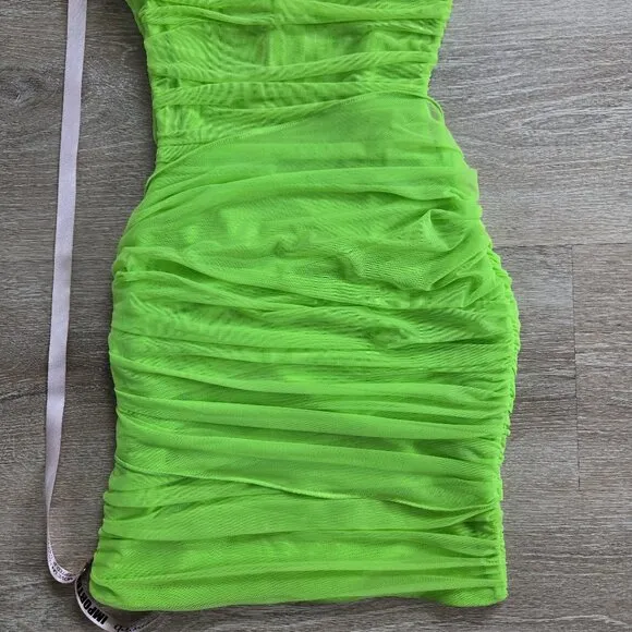 HOUSE OF CB Adrie Ruched Corset Cut-Out Gathered Mini Dress XS - Neon Green NWT