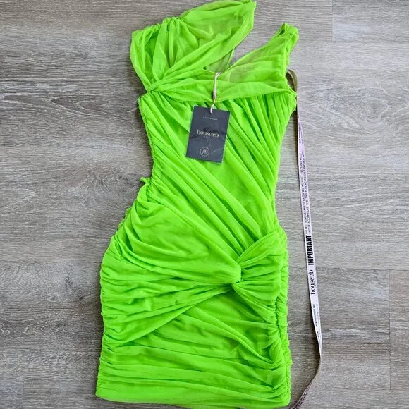 HOUSE OF CB Adrie Ruched Corset Cut-Out Gathered Mini Dress XS - Neon Green NWT