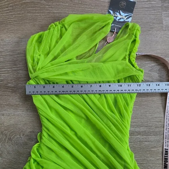 HOUSE OF CB Adrie Ruched Corset Cut-Out Gathered Mini Dress XS - Neon Green NWT