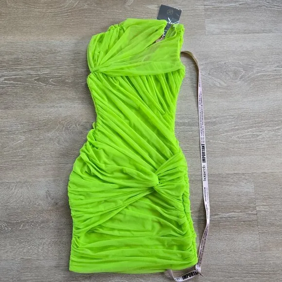 HOUSE OF CB Adrie Ruched Corset Cut-Out Gathered Mini Dress XS - Neon Green NWT