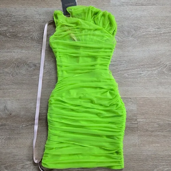 HOUSE OF CB Adrie Ruched Corset Cut-Out Gathered Mini Dress XS - Neon Green NWT