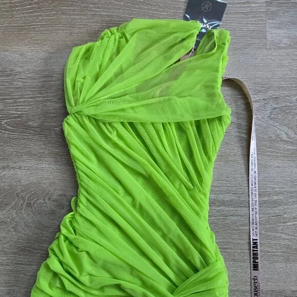HOUSE OF CB Adrie Ruched Corset Cut-Out Gathered Mini Dress XS - Neon Green NWT
