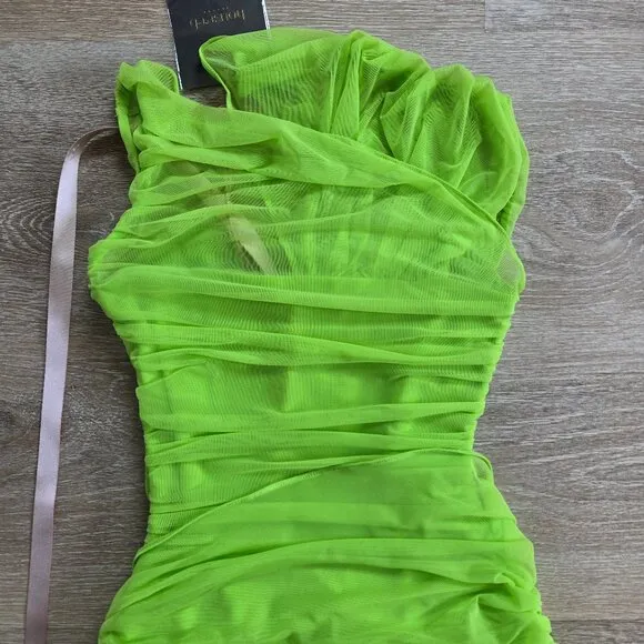 HOUSE OF CB Adrie Ruched Corset Cut-Out Gathered Mini Dress XS - Neon Green NWT