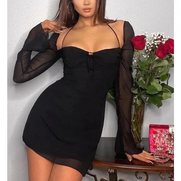 House of CB BabyDoll Black Chiffon Halter Mini Dress Size L  and Bigger Cup