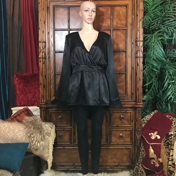 House of Harlow 1960 x Revolve Noir Viviana Satin Feather Wrap Belted Jacket