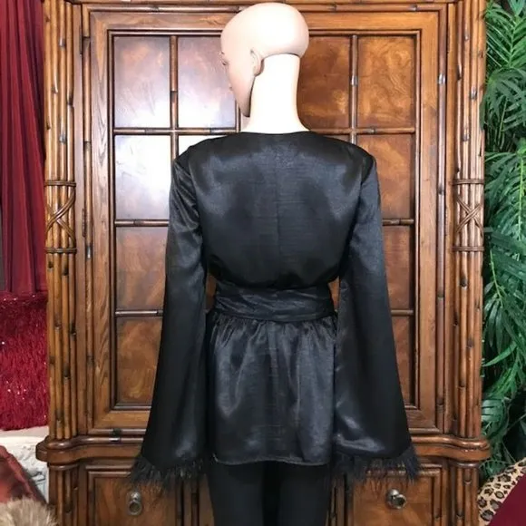 House of Harlow 1960 x Revolve Noir Viviana Satin Feather Wrap Belted Jacket