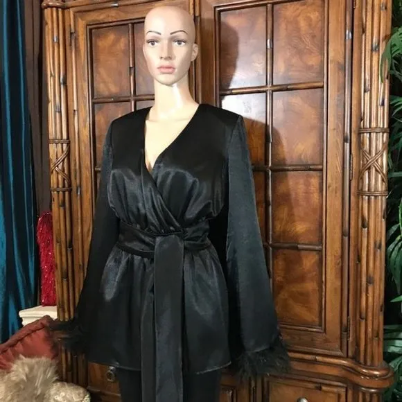 House of Harlow 1960 x Revolve Noir Viviana Satin Feather Wrap Belted Jacket