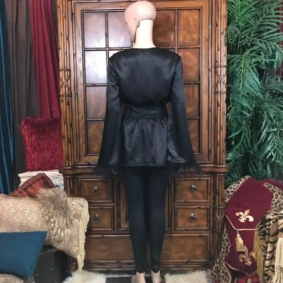 House of Harlow 1960 x Revolve Noir Viviana Satin Feather Wrap Belted Jacket