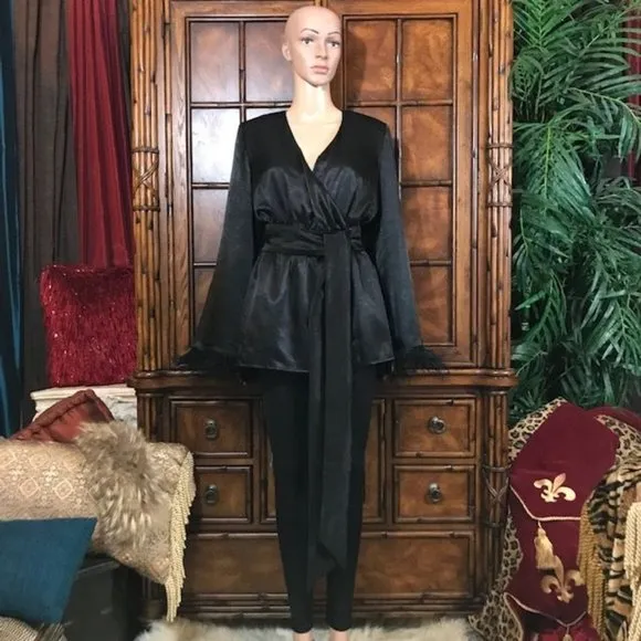 House of Harlow 1960 x Revolve Noir Viviana Satin Feather Wrap Belted Jacket