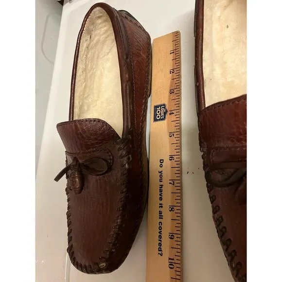 H.S. Trask Leather Moccasins Sz 8 Mens Fur (Sheep?) Lined, Tassels, Slip On, VTG