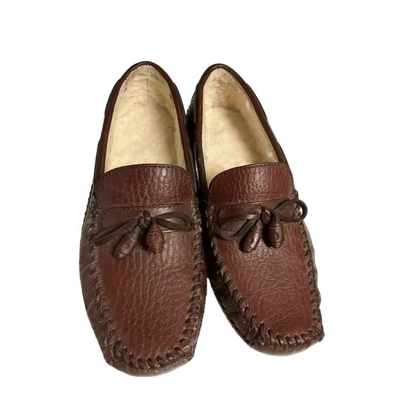 H.S. Trask Leather Moccasins Sz 8 Mens Fur (Sheep?) Lined, Tassels, Slip On, VTG