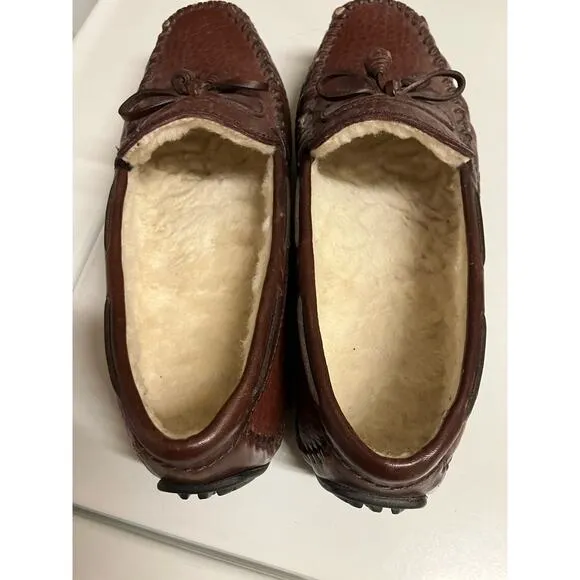 H.S. Trask Leather Moccasins Sz 8 Mens Fur (Sheep?) Lined, Tassels, Slip On, VTG