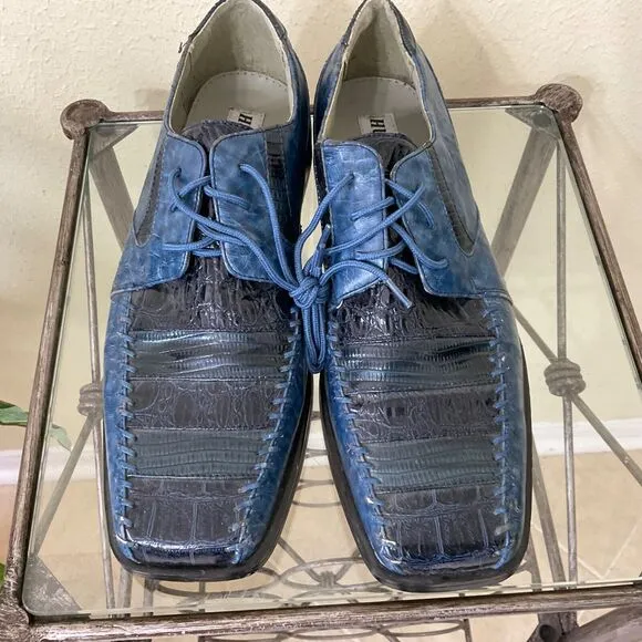 Hugo Vitelli shoes mens size 11 Blue Lace Up Oxford Faux leather Croc embossed