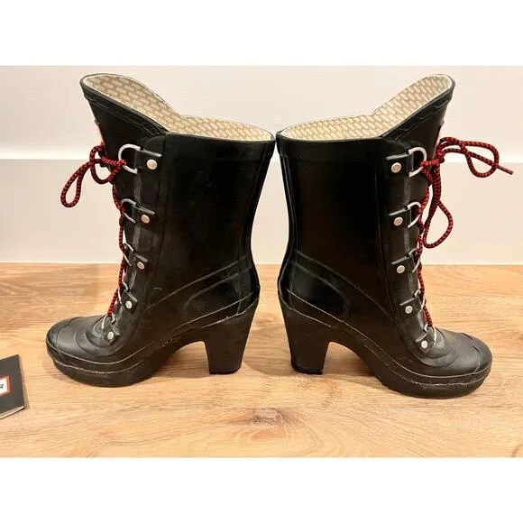 Hunter Gabby Women’s Black Rubber Heeled Boots Size US 8M / UK 7 / EU 40/41 Box