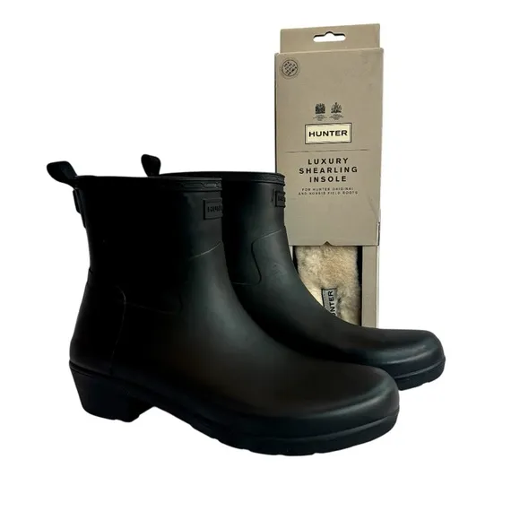 Hunter Refined Low Heel Ankle Biker Matte Rain Boots Luxury Shearling Insole Set