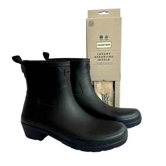 Hunter Refined Low Heel Ankle Biker Matte Rain Boots Luxury Shearling Insole Set