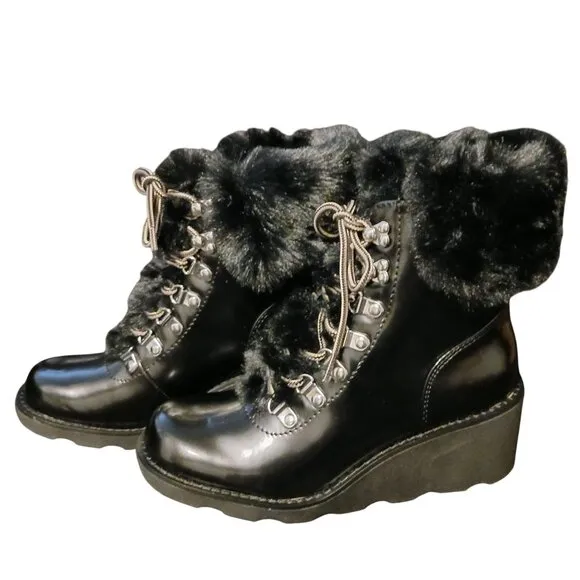 INC Hannia Padded Insole Lace Up Booties in Patent‎ Black, Size 6.5