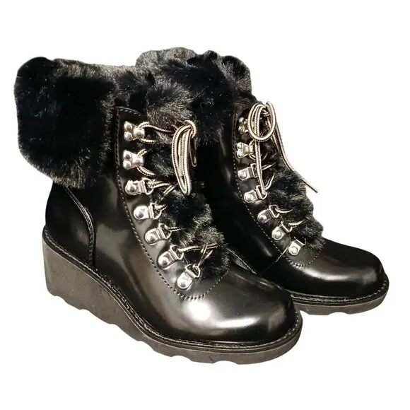 INC Hannia Padded Insole Lace Up Booties in Patent‎ Black, Size 6.5
