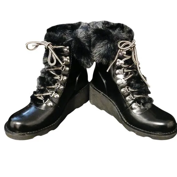 INC Hannia Padded Insole Lace Up Booties in Patent‎ Black, Size 6.5