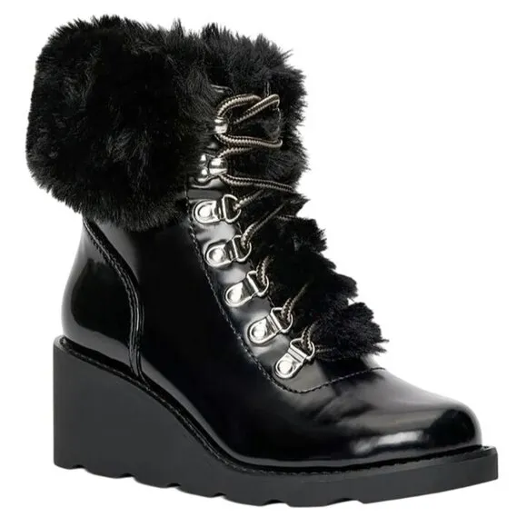 INC Hannia Padded Insole Lace Up Booties in Patent‎ Black, Size 6.5