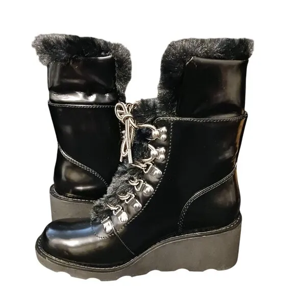 INC Hannia Padded Insole Lace Up Booties in Patent‎ Black, Size 6.5