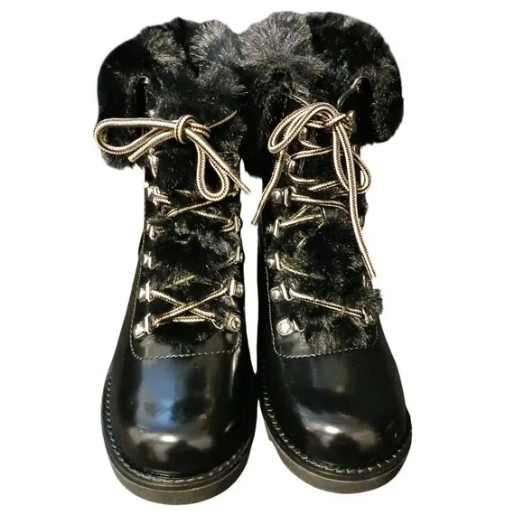 INC Hannia Padded Insole Lace Up Booties in Patent‎ Black, Size 6.5